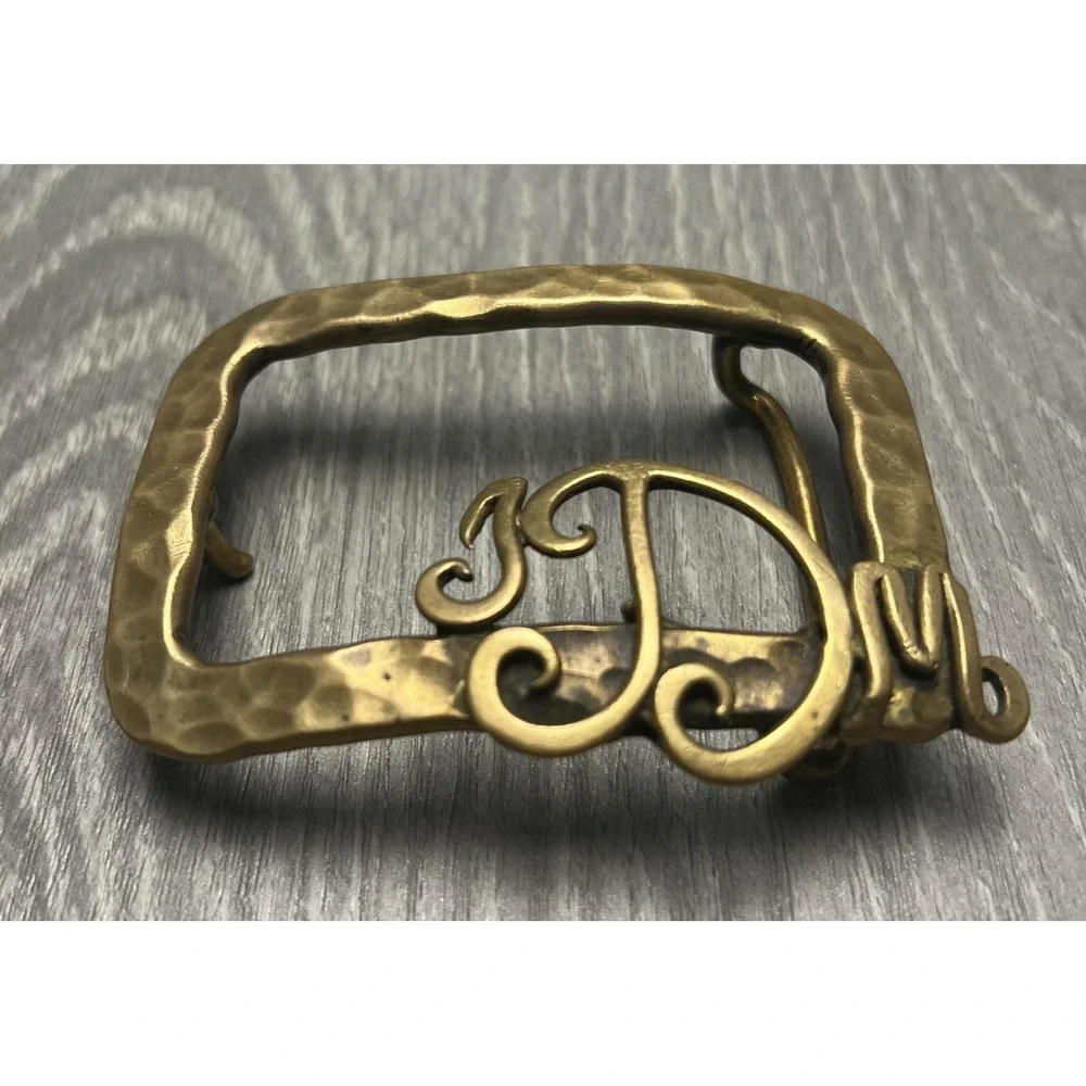 Vintage Dick Peck Belt Buckle Mens Brass Hammered Monogram JDM Signed 1976 1970s
